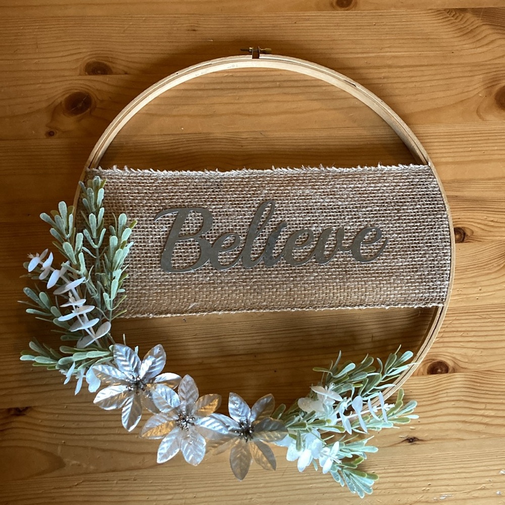 Handmade Believe Hoop Wreath, burlap and flowers, Christmas Wreath embroidery